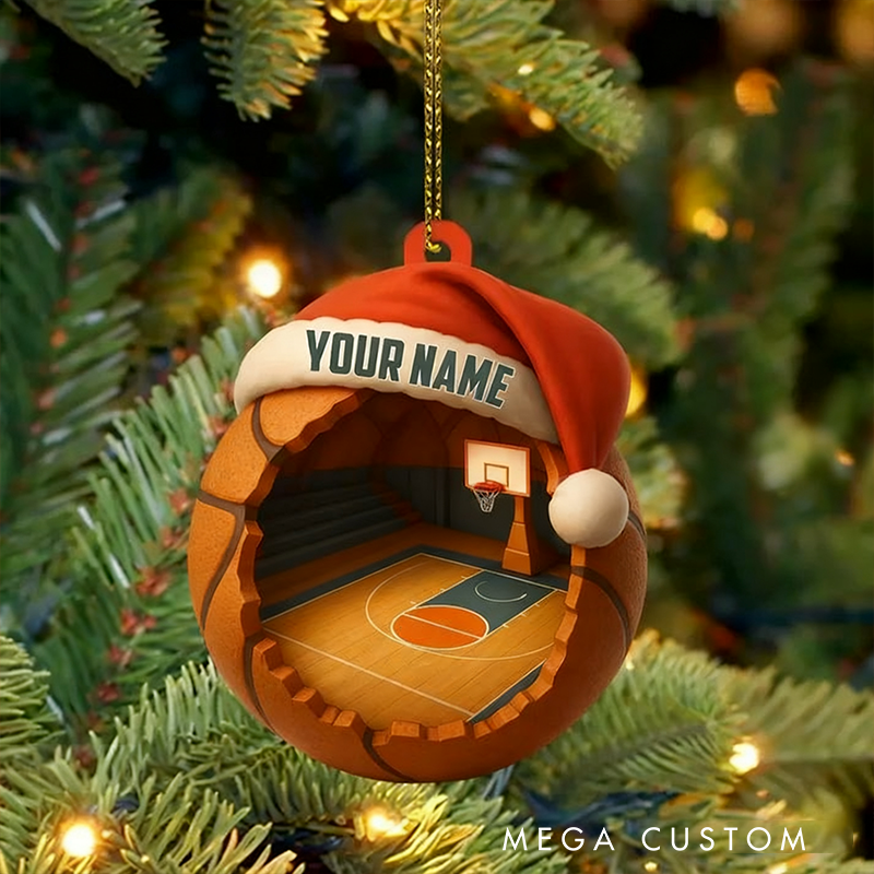 Personalized Basketball Christmas Ornament with Custom Name and Santa Hat Design