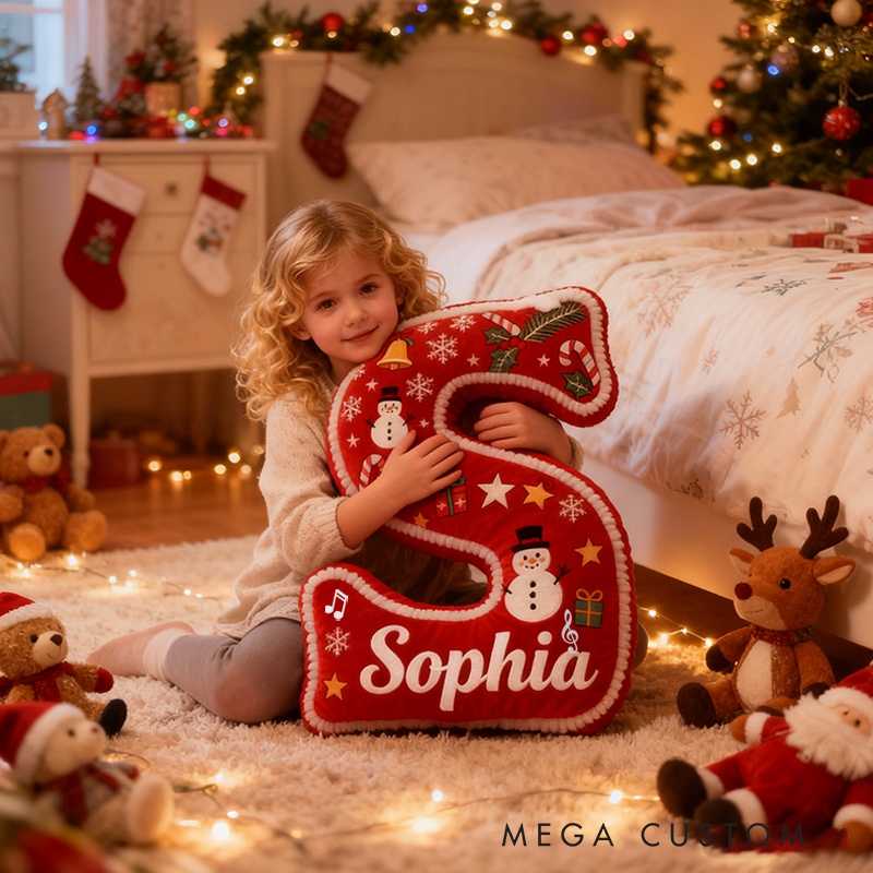 Personalized Name Festive Christmas Letter Pillow Red and Green Design Snowflakes Bells and Holiday Cheer Graphic 3D Print Pillow