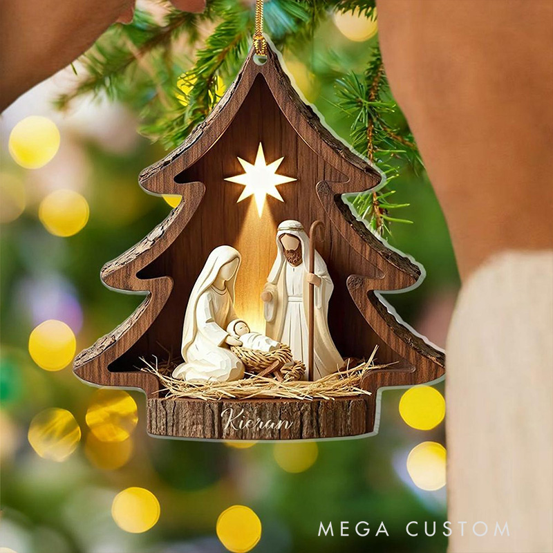 Personalized Nativity Scene Christmas Tree Acrylic Christian Ornament with Family Name Holiday Tree Decor Religious Gift Christmas Gift for Christian