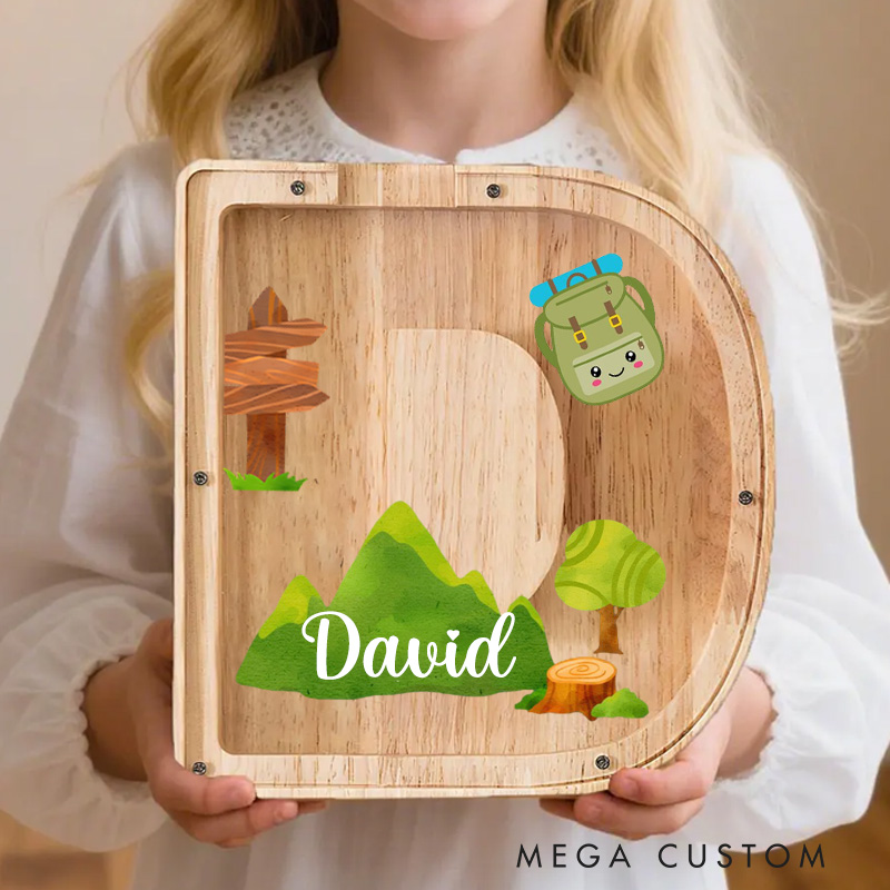 Personalized Large Wooden Kids Letter Piggy Ban Custom Initial Wood Coin Bank Alphabet Letter Bank Money Box Gift for Kids Outdoors Adventure Lover