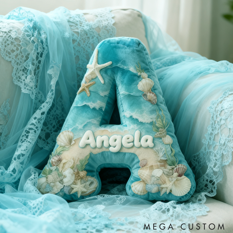 Personalized Seaglass Style Initial Pillow Custom Ocean Style Letter Pillow 3D Graphic Print Home Decor Throw Pillow for Girl Friend Beach Keepsake Pillow