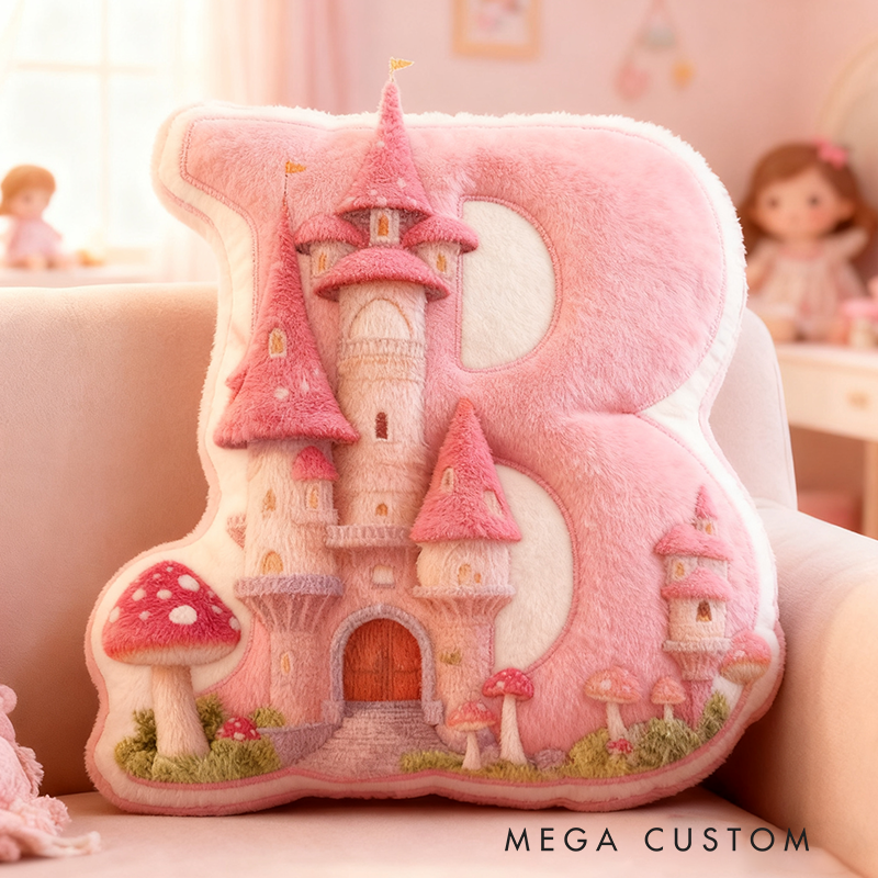 Personalized Letter Pillow with Mushroom House Design Pink Fairy Tale Theme Enchanted Tower and Magical Decorative Touch Graphic 3D Print Pillow