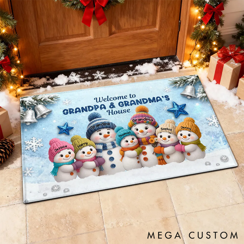 Personalized Christmas Snowman Welcome to Grandma Grandpa House Doormat