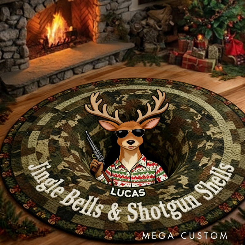 Personalized Christmas Gifts for Deer Hunter Round Mat Jingle Bells & Shotgun Shells Rug Gift for Hunting Lover