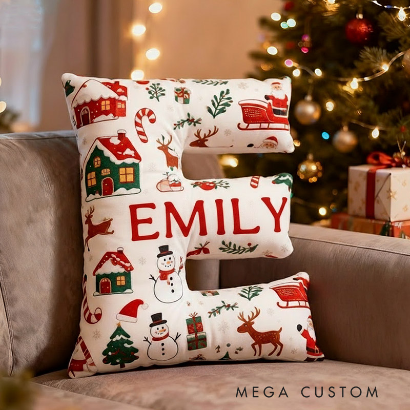 Personalized Christmas Initial Pillow Custom Name Pillow Holiday Gift Cozy Home Accent Soft Cushion Gift for Kids Family Housewarming Gift