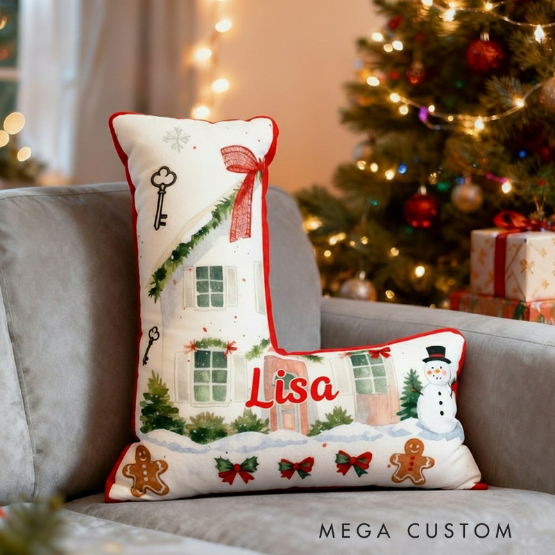 Personalized Initial Pillow Custom Name Christmas House Pillow Holiday Gift Cozy Home Soft Cushion Gift for Kids Family Housewarming Gift
