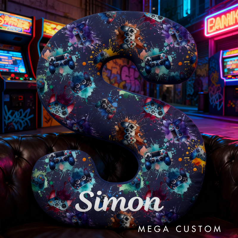 Personalized Video Game Controller Pillow Watercolor Alphabet Game Pillow Gift for Kid Game Lover
