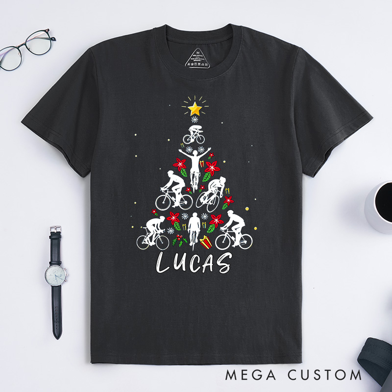 Personalized Classic T-shirt Christmas Tree Bicycle Bike Love Xmas Gift T shirt Funny Bicycle Christmas Sweatshirt Bike Riding Lover Gift Christmas Cyclist Shirt for Riding Lovers