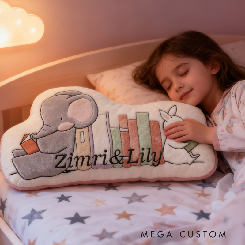 Personalized Elephant and Rabbit Book Buddy Pillow Graphic 3D Print Gift for Reading Lovers