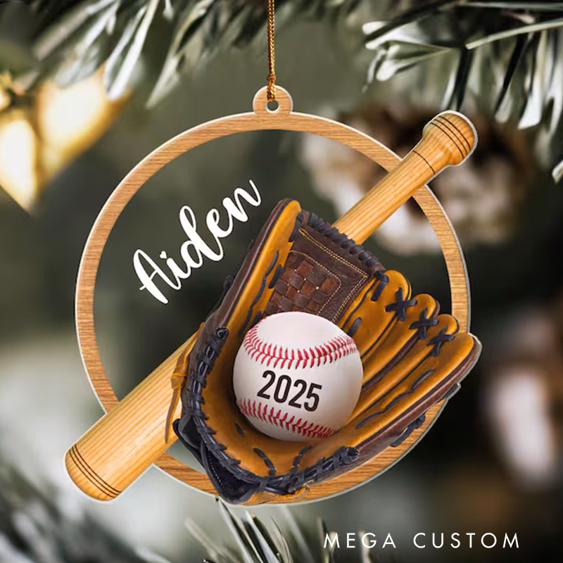 Personalized Baseball Christmas Ornament with Custom Name and Year Design