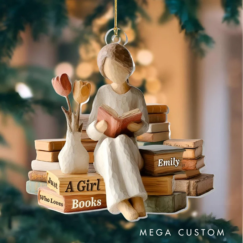 Personalized Just a Girl Who Loves Books Acrylic Christmas Ornament Cozy Reading Vibes Decor with Name Reader Gift for Bookworms Librarians