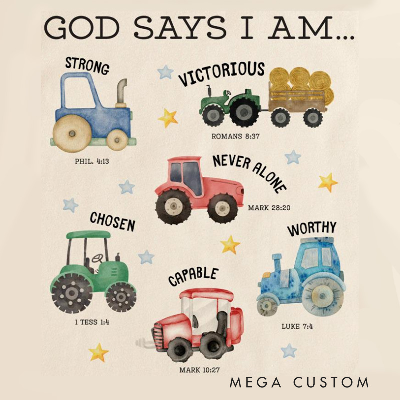 Personalized God Says I am Bible Verse Tractors Letter Pillow with Custom Name Kids Room Decor Religious Gift for Boys Scripture Baptism Gift 3D Print