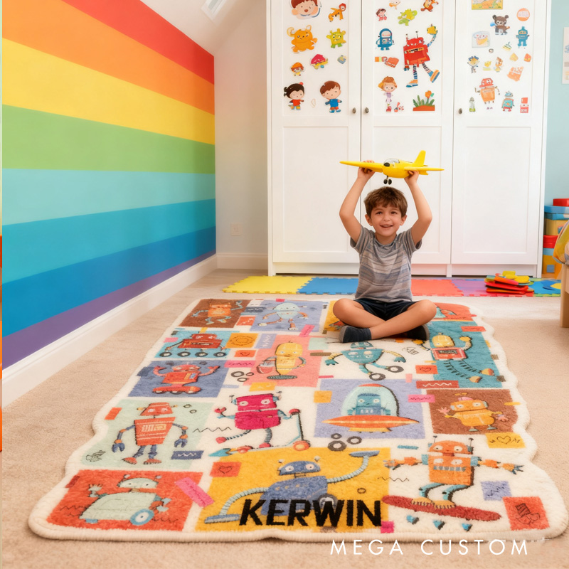 Personalized Custom Robot Themed Rug Kids Robotics Rug Doormat Children's Bedroom Playroom Rug Gifts for Kid