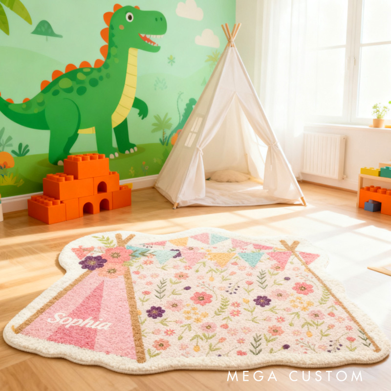 Personalized Kids Camping Rug Doormat Custom Floral Teepee Rug Children's Bedroom Rug Gifts for Kid