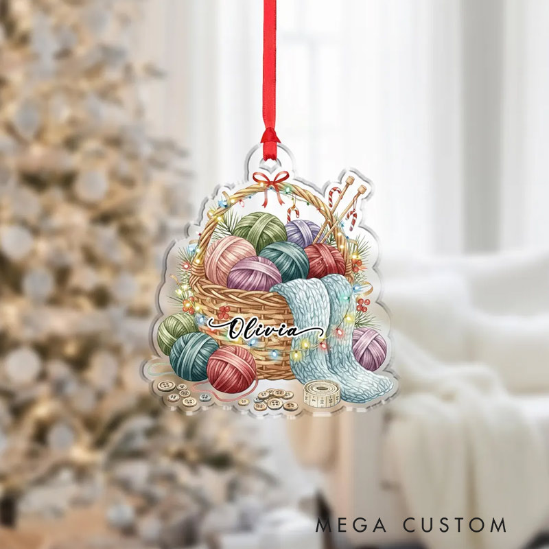  Personalized Christmas Ornament Knitting Basket with Yarn and Needles Hanging Decoration for Crochet Lover