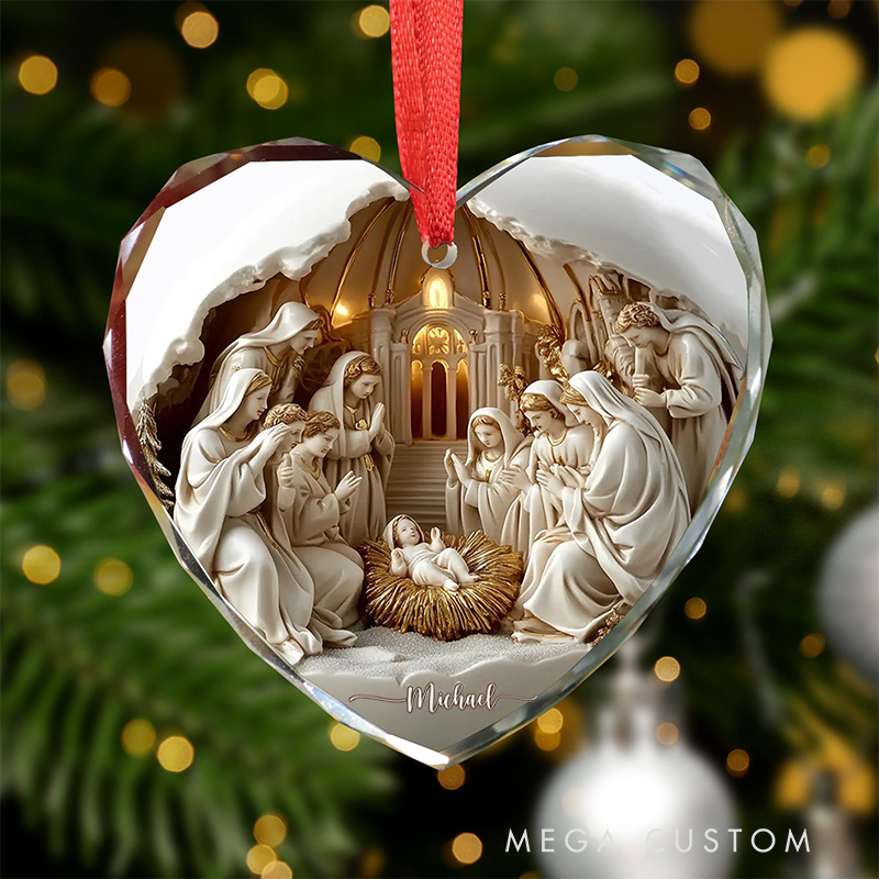 Personalized Nativitys Scene Christmas Round Heart Shaped Glass Ornament with Custom Name Regilious Christmas Tree Decor Christian for Christmas Gift