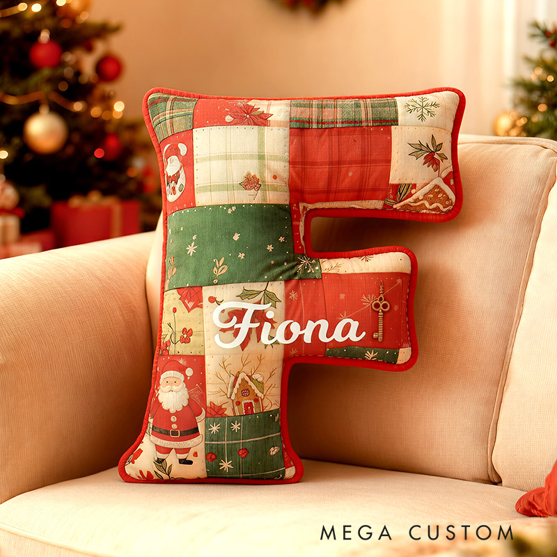 Personalized Initial Pillow Graphic 3D Print Christmas Patchwork Letters Custom Name Pillow Festive Holiday Decor Housewarming Gift for Family and Kids