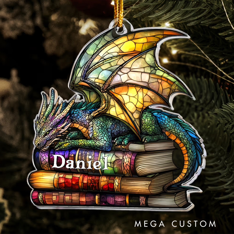 Personalized Dragon Books Acrylic Ornament with Name Christmas Gift for Book Club Librarian Book Lovers Reader