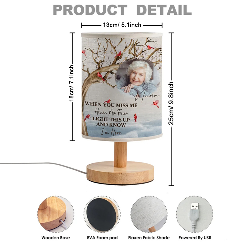 Personalized Cardinal Photo Flaxen Fabric Table Lamp with Name and Text Home Decor Christmas Memorial Gift for Family
