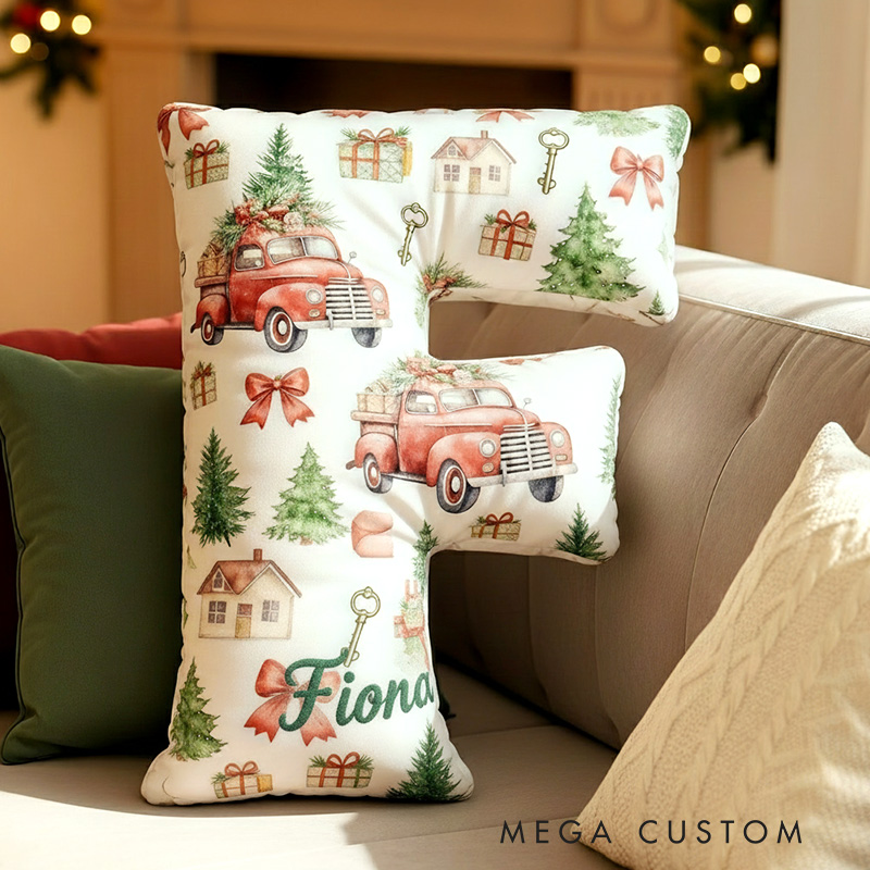 Personalized Christmas Initial Pillow Graphic 3D Print Christmas Truck Custom Name Pillow Festive Holiday Pillow Housewarming Gift Family Gift 