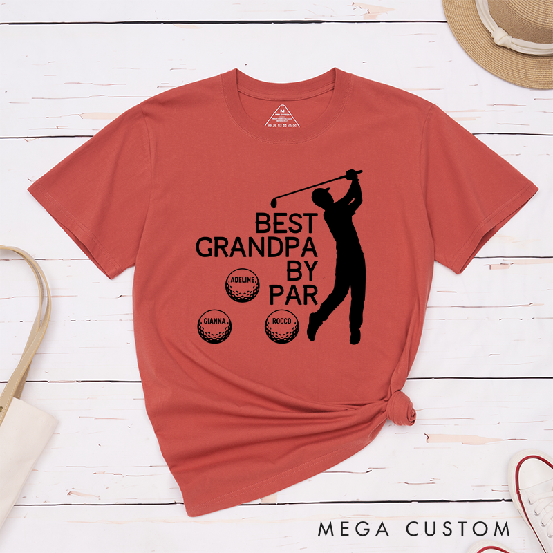 Personalized "Best Grandpa or Papa by Par" T-Shirt with Custom Grandkid Names, Perfect Gift for Golf-Loving Grandpas and Papas