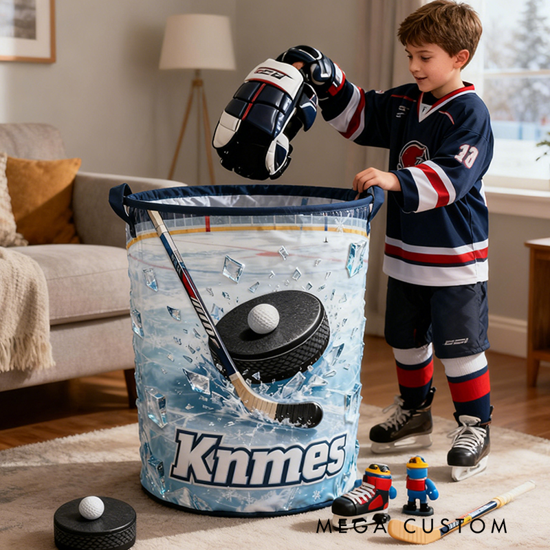 Personalized Ice Hockey Storage Basket with Custom Name and Ice Rink Design for Young Athletes and Ice Hockey Enthusiasts