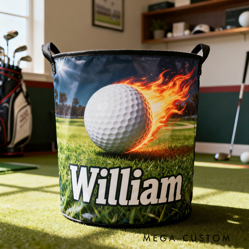 Personalized Golf Storage Basket with Custom Name and Fiery Ball Design for Enthusiasts