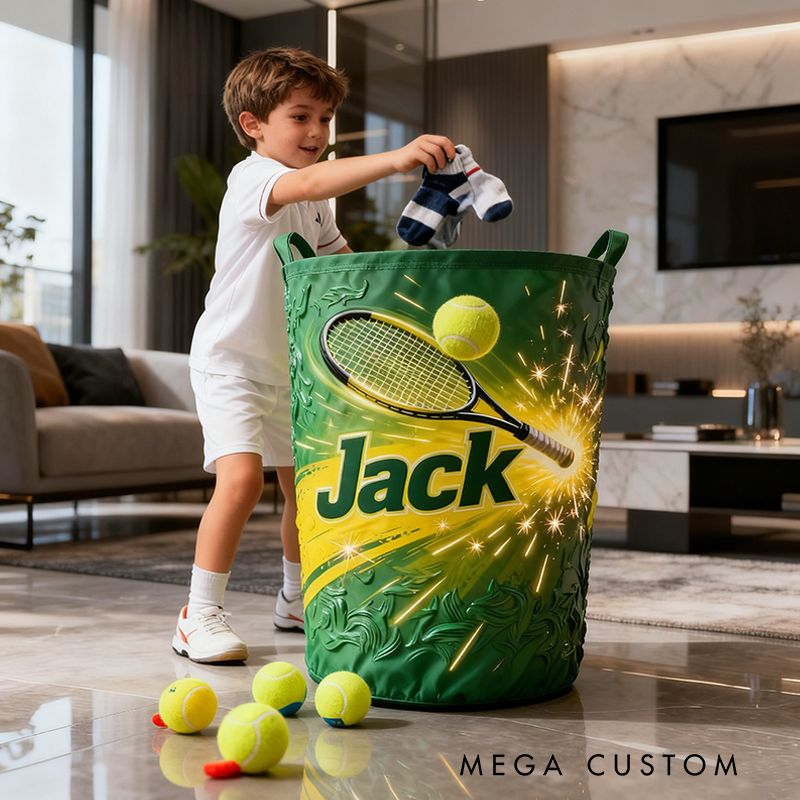 Personalized Tennis Storage Basket with Custom Name and Vibrant Green Design for Enthusiasts