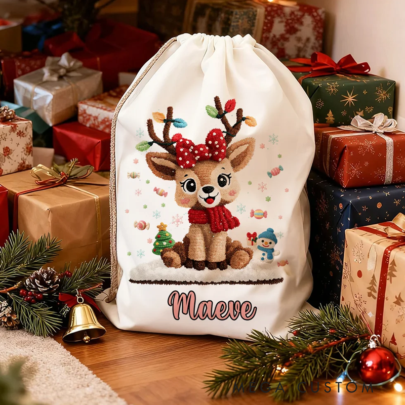 Personalized Cute Cartoon Reindeer Canvas Drawstring Gift Bag with Name Christmas Gift for Kids Family Friends