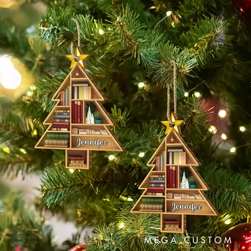 Personalized Reading Bookshelves Christmas Tree Acrylic Ornament with Name Bookish Christmas Ornament Gift for Book Club Librarian Book Lovers