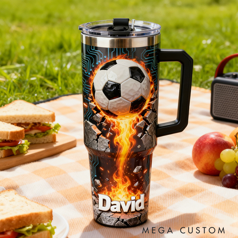 Personalized Soccer Tumbler with Custom Name and Flaming Ball Design for Fans and Athletes