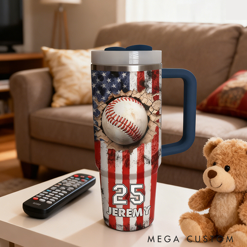 Personalized Baseball Tumbler with Custom Name, Number, and American Flag Design