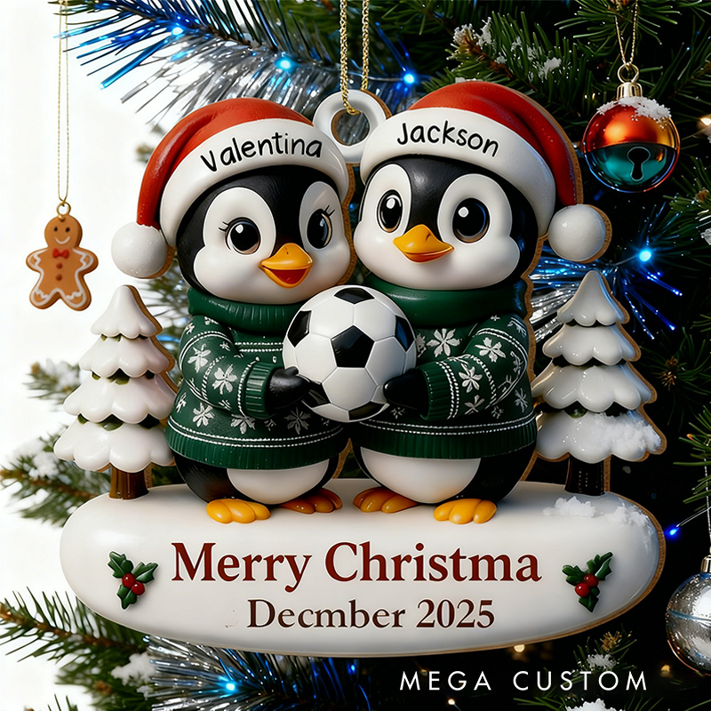 Personalized Acrylic Penguin Couple Soccer Christmas Ornament with Custom Names and Merry Christmas Message