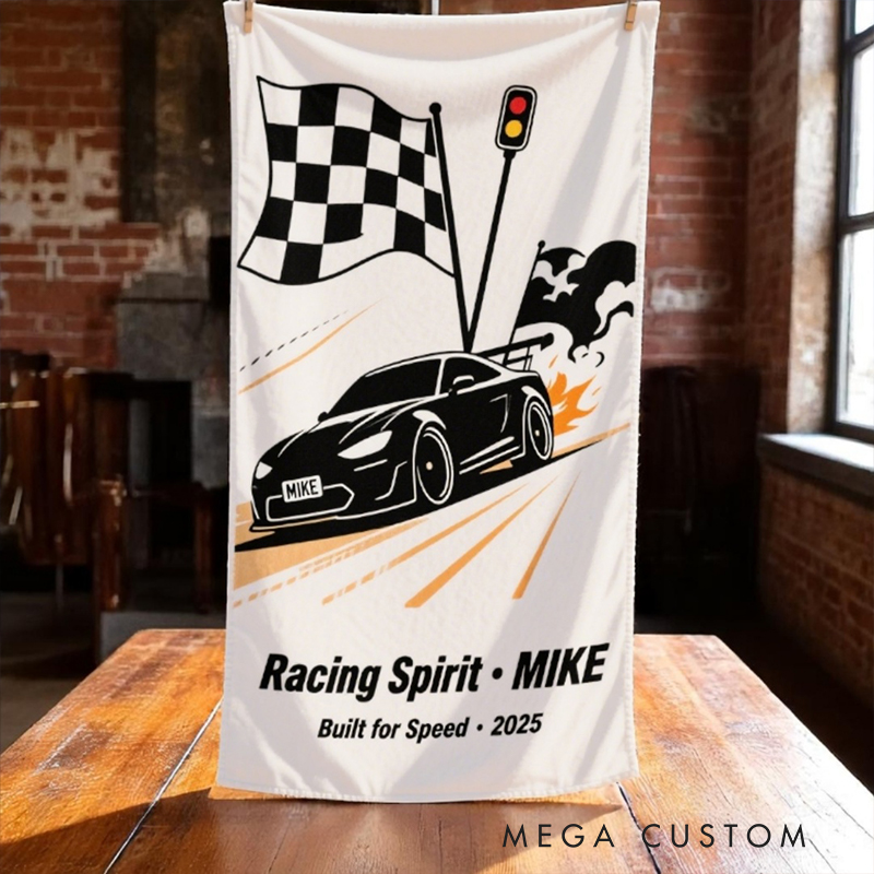 Personalized Racing Car Beach Towel Custom Name and Text Design Gift for Car and Motorsport Lovers