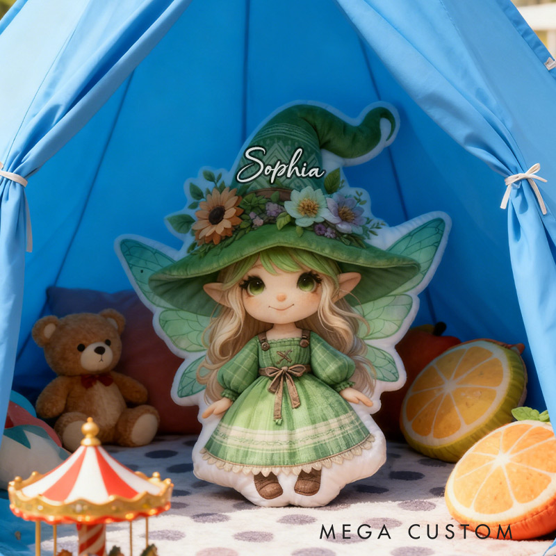 Personalized Green Fairy Pillow Garden Fae Fun Girl Pillow with Name for Kids Gardening Lovers Gift