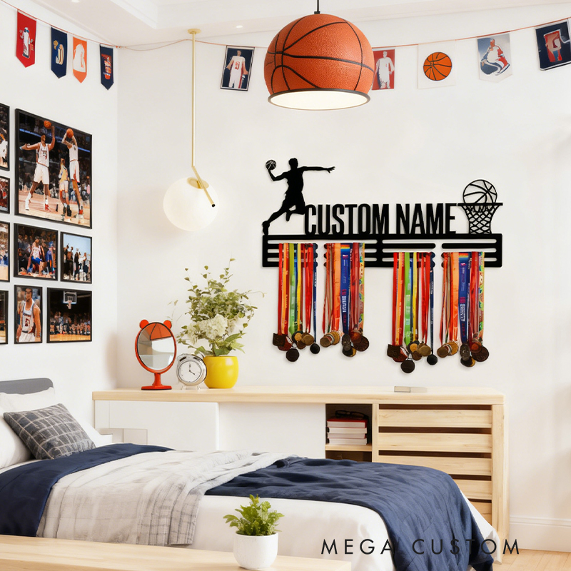 Personalized Basketball Medal Holder with Custom Name and Dunking Player Design