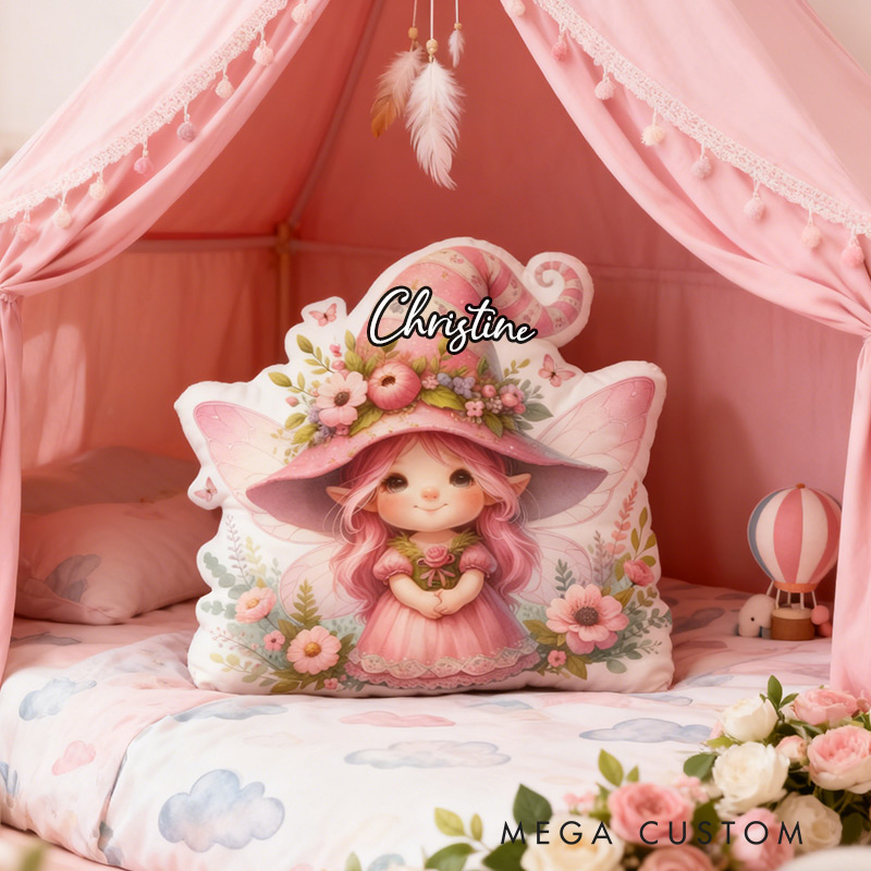 Personalized Fun Girl Pillow Pink Garden Fairy Pillow  with Name Gift for Kids Gardening Lovers Gift