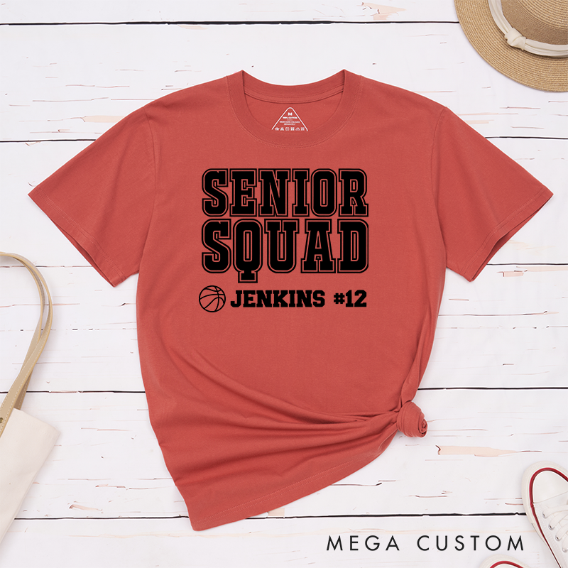 Personalized Senior Squad T-Shirt with Basketball Theme, Name and Number Customization