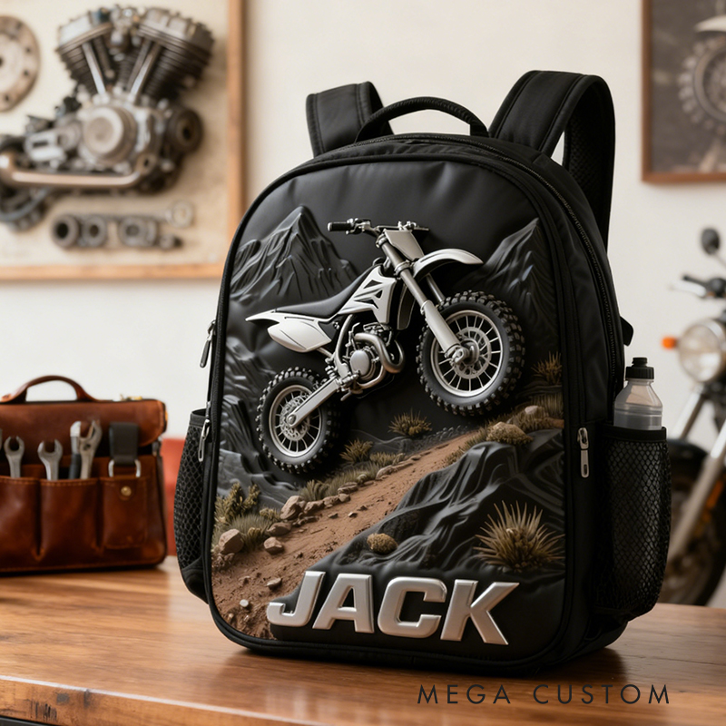 Personalized Motorcycle Backpack Custom Name Dirt Bike Oxford Fabric School Bag Gift for Bikers and Motorcycle Enthusiasts
