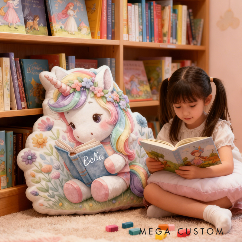 Personalized Reading Horse Throw Pillow Cartoon Horse Pillow with Name Book Pillow for Kids Boys Girls Book Lover Christmas Gift