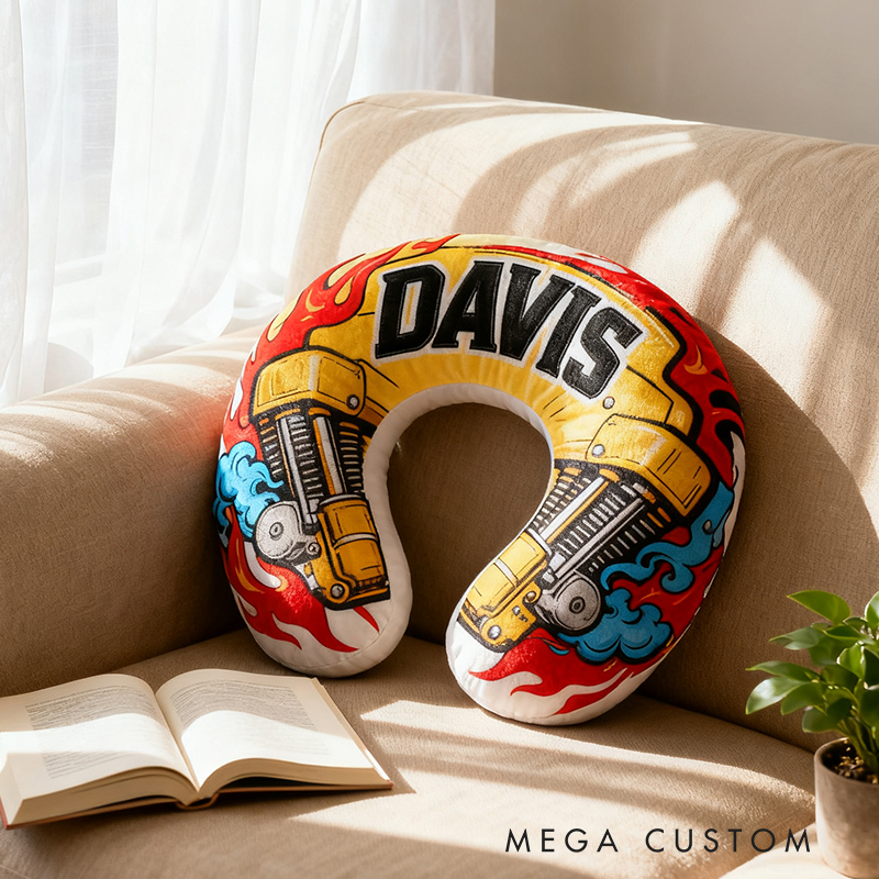 Personalized Racing Flame Neck Pillow Custom Name U‑Shaped Travel Cushion for Car Lovers and Motorsport Fans