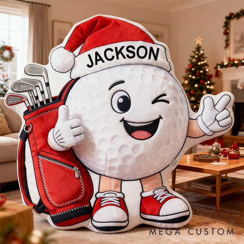 Personalized Golf Ball Pillow with Santa Hat and Custom Name for Golf Lovers
