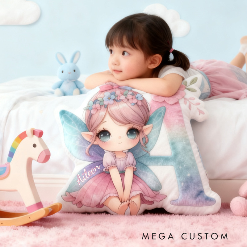 Personalized Fairy Alphabet Throw Pillow Graphic 3D Print Garden Fairy Letter Pillow with Name Pillow for Kids Girl Boy Gardener Christmas Gifts Loving Room Decor
