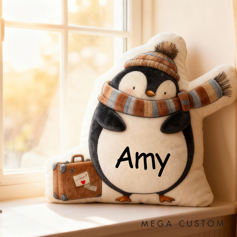 Personalized Wandering Penguin Travel Pillow with Custom Name Graphic 3D Print Pillow for Travel Lovers