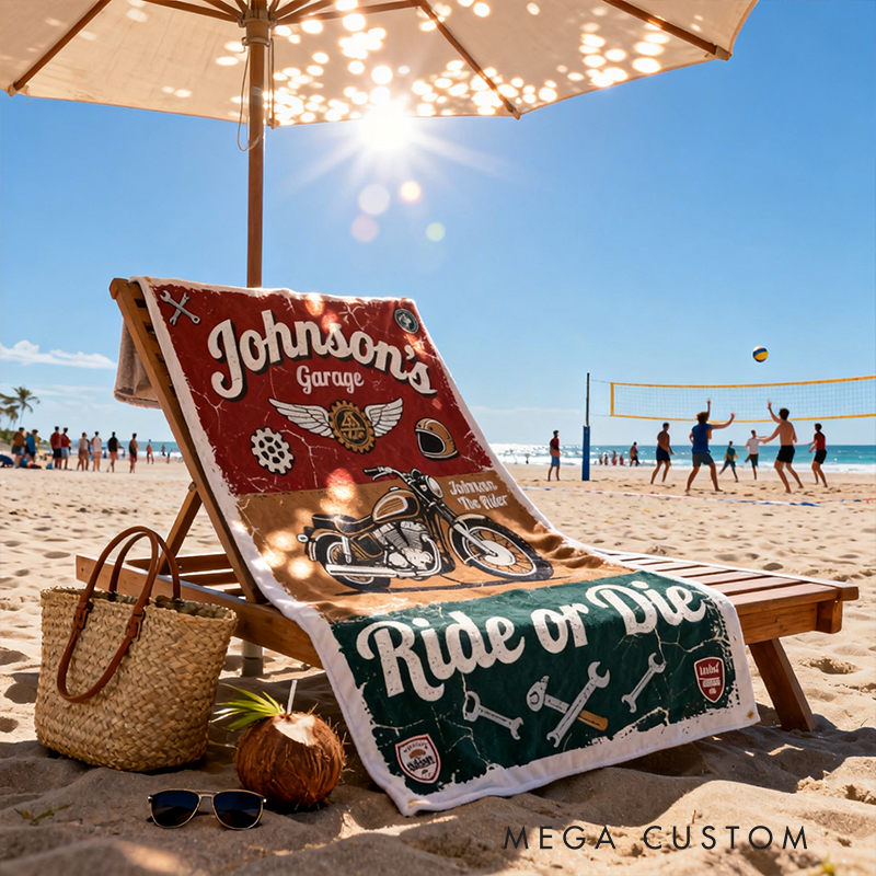 Personalized Vintage Motorcycle Garage Beach Towel Custom Name and Text Retro Biker Style Two Designs Available