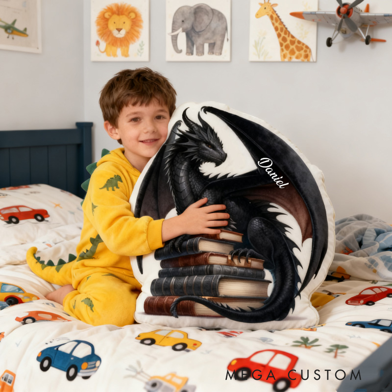 Personalized Black Dragon Throw Pillow Graphic 3D Print Dragon and Book Pillow with Name Book Pillow for Kids Boys Girls Book Lover Christmas Gift