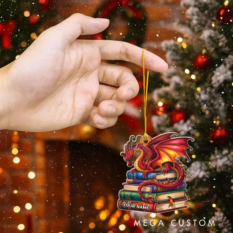 Personalized 2D FLAT Custom Name Book Dragon Ornament Dragon Christmas Gift For Book Lovers