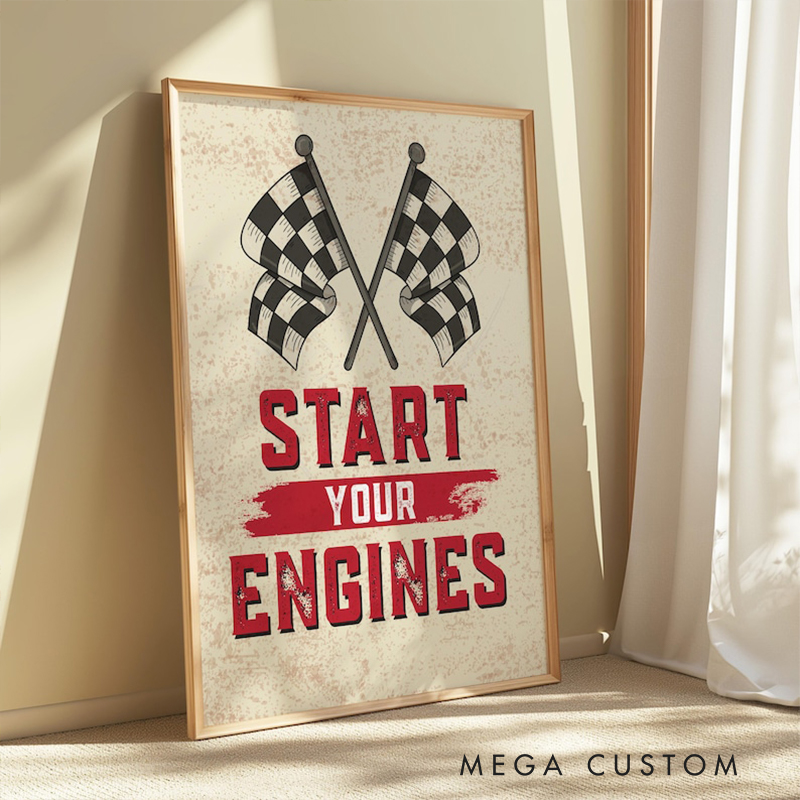 Personalized Racing Wall Art Print Custom Text Race Flag Poster Gift for Car Lovers or Man Cave Decoration