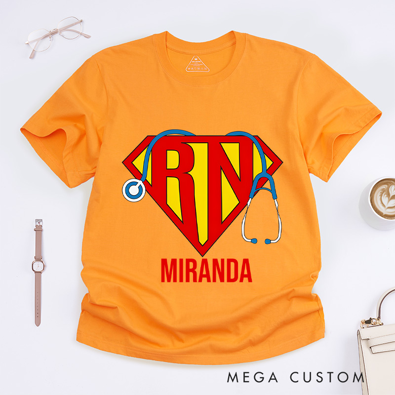 Personalized Nurse T-Shirts Super RN Hero Shield Fashion Design T-Shirts