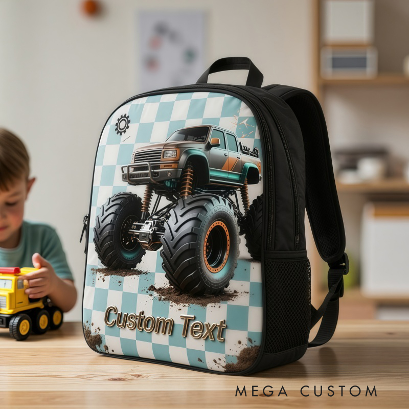Personalized Monster Truck Themed Backpack Custom Text Racing Style Backpack for Car Lovers